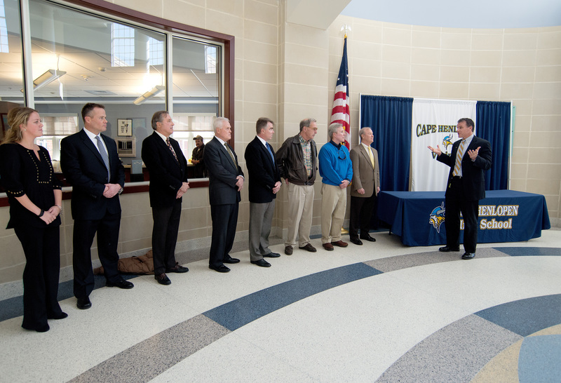 Superintendent Bob Fulton welcomes Lingo and Townsend family members. Shown are (l-r) Kristina Lingo, Jack Lingo realtor and assistant coach of Cape's swim team; Jack Lingo, Jack Lingo realtor and assistant lacrosse coach; Bryce Lingo, chairman, J.G.Townsend Jr. & Co.; John Lingo, J.G.Townsend; Derek Lingo, J.G.Townsend; Gene Bayard, J.G. Townsend; Paul Townsend, J.G.Townsend; Bill Lingo, J.G.Townsend; and Fulton. BY DENY HOWETH